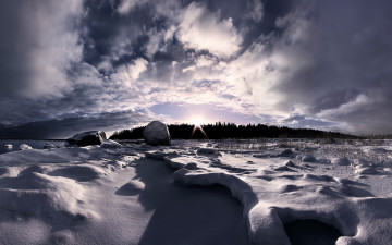 Картинка природа восходы закаты лес камни снег закат