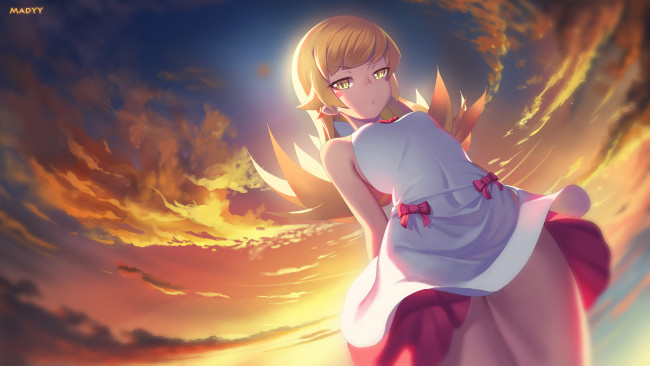 Обои картинки фото аниме, bakemonogatari, девушка, арт, закат, небо, madyy, oshino, shinobu