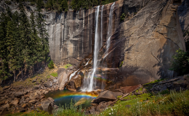 Обои картинки фото природа, водопады, горы, радуга, водопад