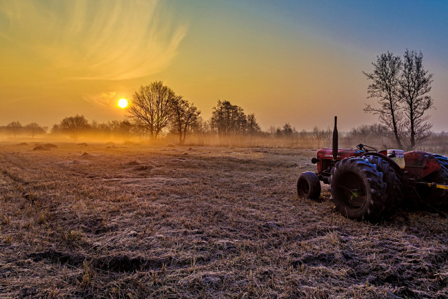 Обои картинки фото техника, тракторы, свет, трактор, утро, туман, поле