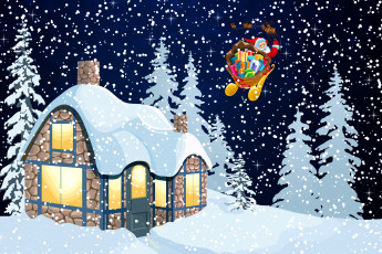 Картинка праздничные векторная+графика+ новый+год фон настроение минимализм зима санта новый год праздник дом олени ночь снег клаус