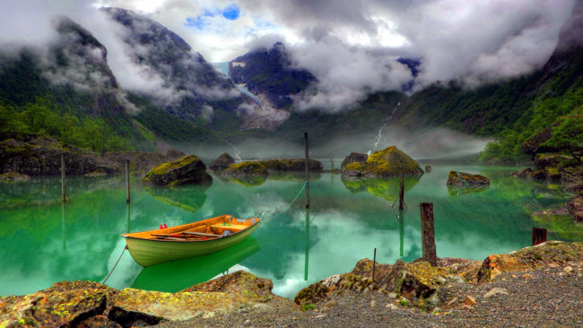 Обои картинки фото корабли, лодки,  шлюпки, озеро, лодка, туман
