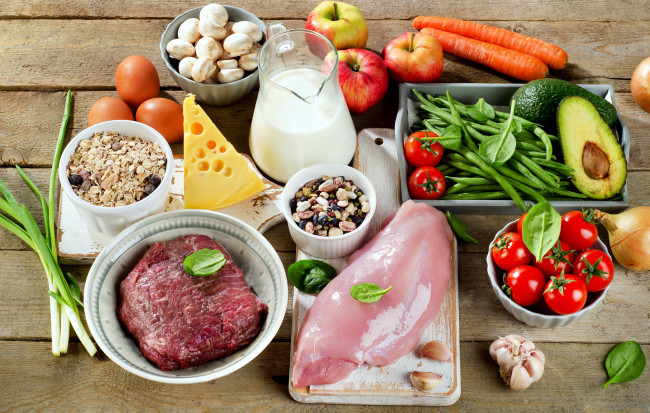 Обои картинки фото еда, разное, грибы, овощи, сыр, мясо, помидоры, томаты