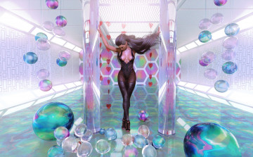 Картинка 3д+графика фантазия+ fantasy фон шары колонны девушка
