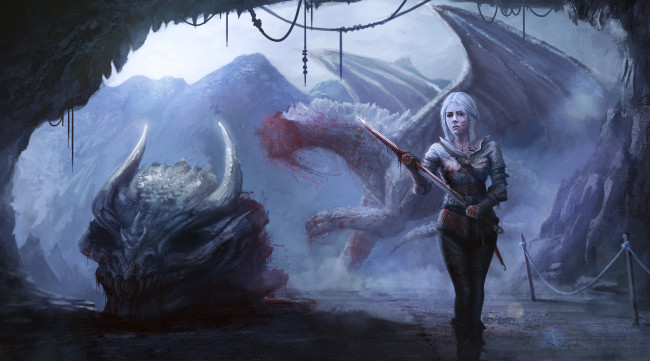Обои картинки фото видео игры, the witcher 3,  wild hunt, униформа, фон, дракон, голова, девушка, меч