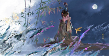 Картинка рисованное люди девушка бамбук цитра луна птица