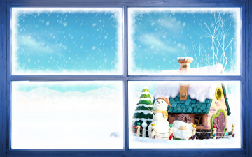 обоя праздничные, 3д графика , новый год, окно, снег, домик, снеговик, дед, мороз