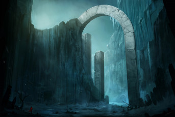 Картинка фэнтези иные+миры +иные+времена путник лед обелиск арка