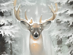 обоя gaudibuendia, рисованное, животные,  олени, рога, взгляд, олень, снег, зима, ели, лес