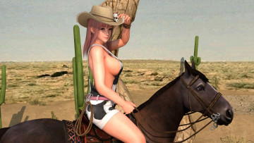 Картинка 3д+графика аниме+ anime девушка пустыня кактусы фон лошадь взгляд