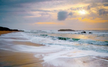 Картинка природа побережье море берег прибой волны закат солнце