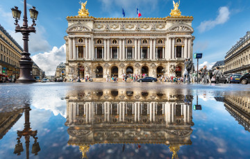 обоя opera puddle mirror, города, париж , франция, дворец, площадь