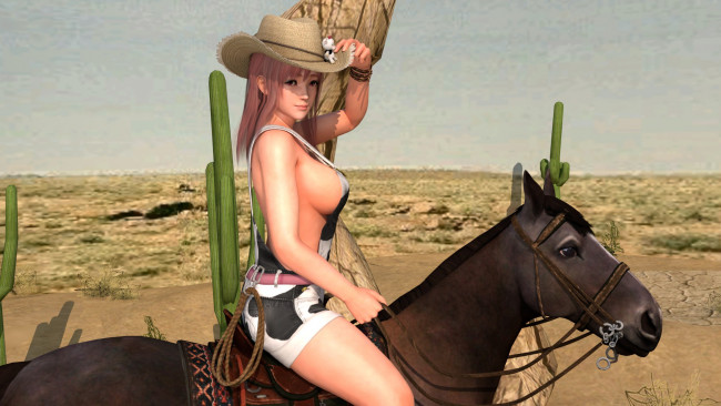 Обои картинки фото 3д графика, аниме , anime, девушка, пустыня, кактусы, фон, лошадь, взгляд