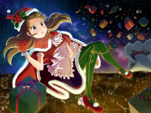 Картинка аниме зима +новый+год +рождество девушка взгляд фон