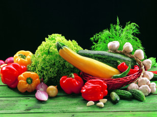 обоя еда, овощи, кабачки, перец, лук, чеснок, огурцы, зелень