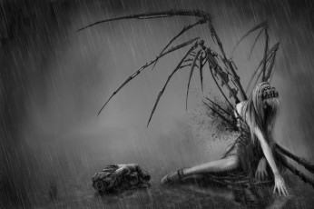 Картинка фэнтези ангелы девушка крылья дождь
