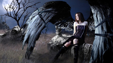 Картинка фэнтези фотоарт девушка крылья ангел ремни ночь развалины луна