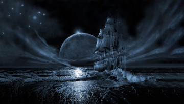 Картинка летучий+голландец фэнтези корабли луна ночь море корабль