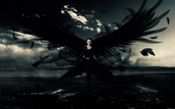 обоя фэнтези, ангелы, девушка, крылья, вороны, озеро