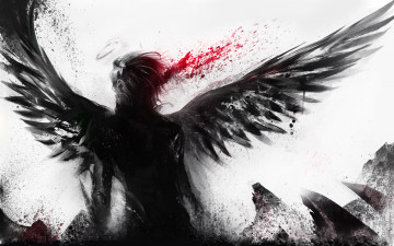 Картинка фэнтези ангелы парень крылья нимб кровь