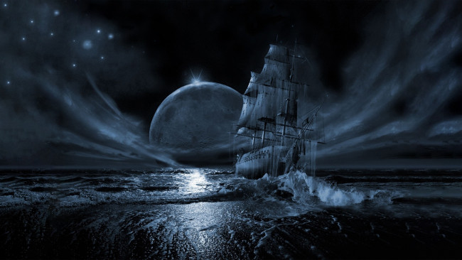 Обои картинки фото летучий голландец, фэнтези, корабли, луна, ночь, море, корабль