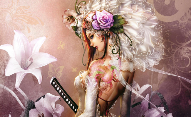 Обои картинки фото фэнтези, девушки, девушка, лилии, цветы, фата, меч, татуировка