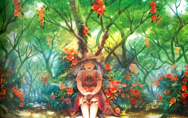 Обои картинки фото аниме, pixiv fantasia, цветы, лес, радость, крылья, шляпа, девочка