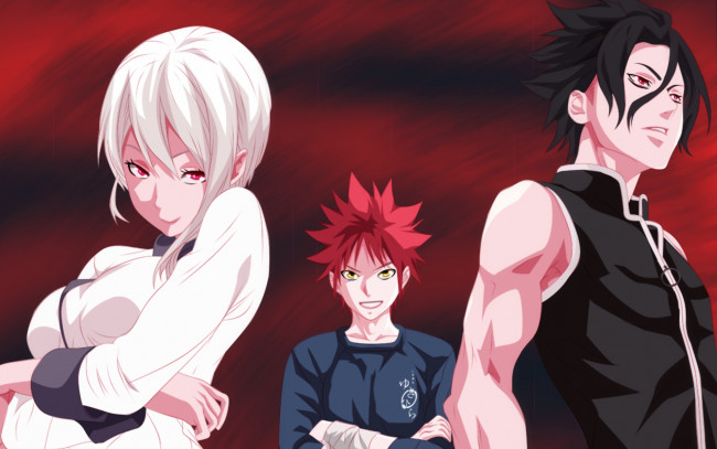 Обои картинки фото аниме, shokugeki no soma, фон, взгляд, девушка, парни