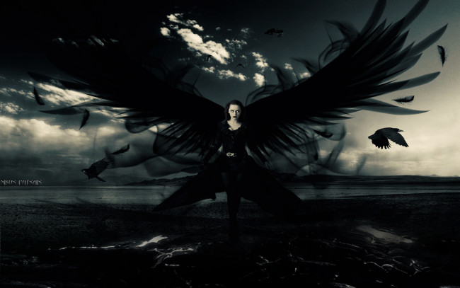 Обои картинки фото фэнтези, ангелы, девушка, крылья, вороны, озеро