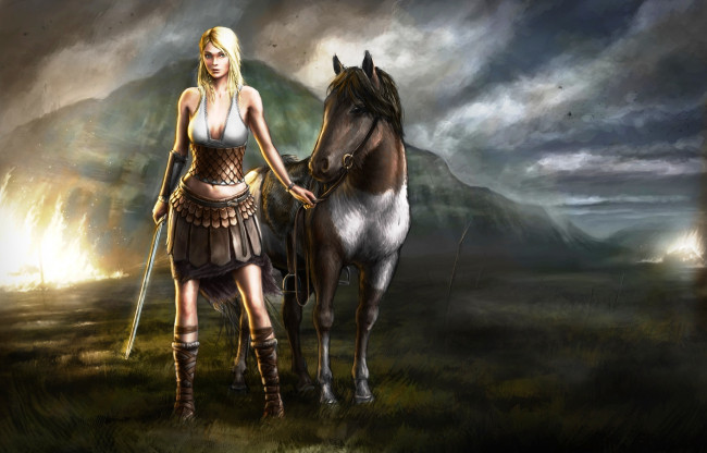 Обои картинки фото фэнтези, девушки, лошадь, девушка, меч, воительница, тучи