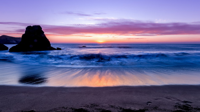 Обои картинки фото природа, побережье, закат, берег, море, камни, небо