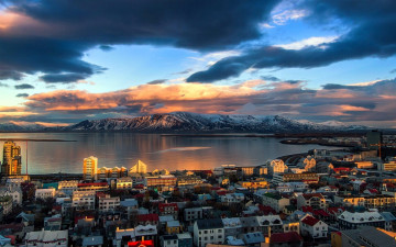 Картинка города рейкьявик+ исландия залив город горы