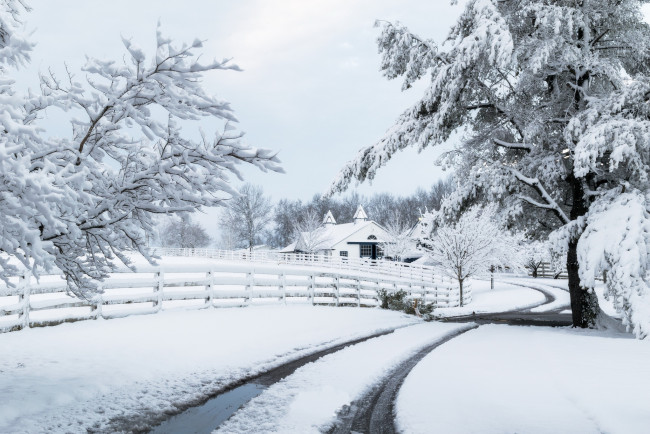 Обои картинки фото природа, зима, дом, забор, дорога, снег