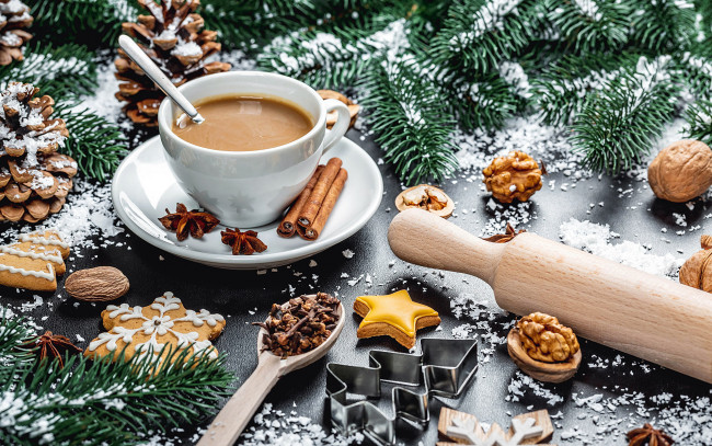 Обои картинки фото праздничные, угощения, кофе, орехи, печенье
