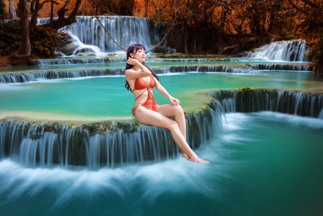 Обои картинки фото девушки, - азиатки, азиатка, водопады, купальник