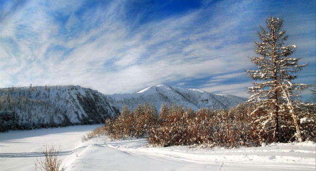 Обои картинки фото природа, горы, лес, снег, небо, облака