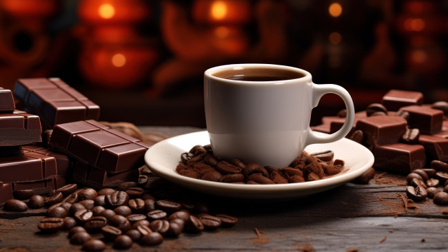 Обои картинки фото еда, кофе,  кофейные зёрна, темный, фон, стол, шоколад, кружка, шоколадка, чашка, напиток