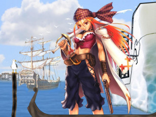Картинка аниме weapon blood technology девушка корабль пират оружие пистолет меч платок небо облака вода море птицы ремень
