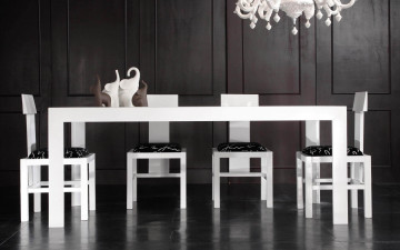 Картинка 3д графика realism реализм интерьер дизайн стиль комната кухня стол стулья черное белое