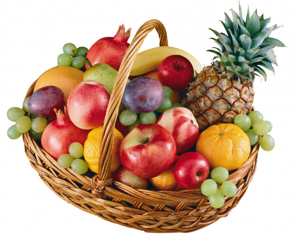 Обои картинки фото еда, фрукты, ягоды, корзинка, ананас, яблоки, гранаты, виноград