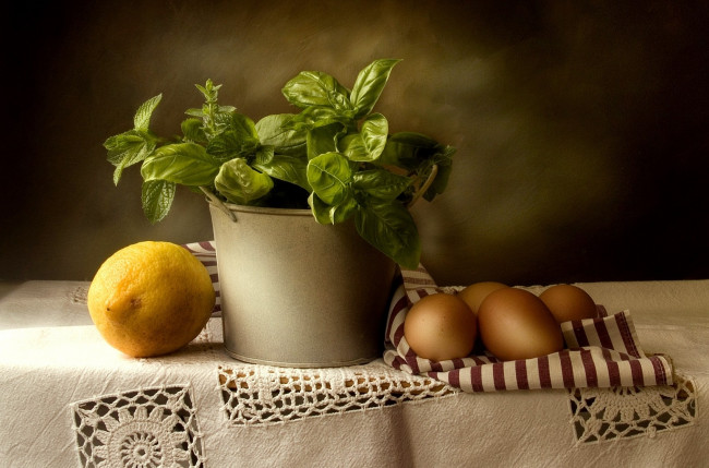 Обои картинки фото еда, натюрморт, лимон, базилик, яйца