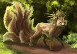 Картинка фэнтези существа хвосты существо зверь лесное kitsune