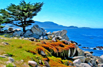 Картинка рисованные природа скалы дерево море