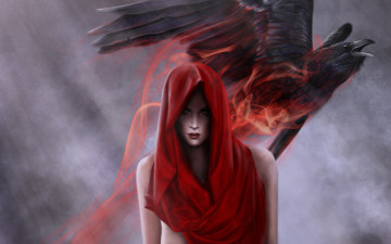 Картинка фэнтези девушки шаль ворон красная девушка