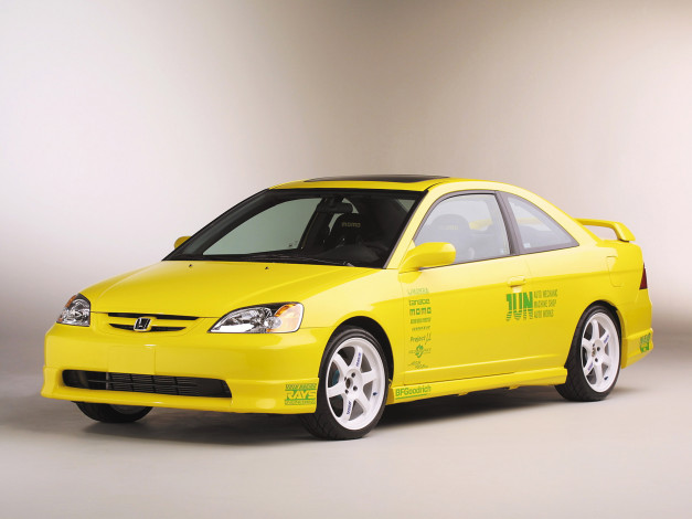 Обои картинки фото автомобили, honda, желтый, 2001г, coupe, civic, jun