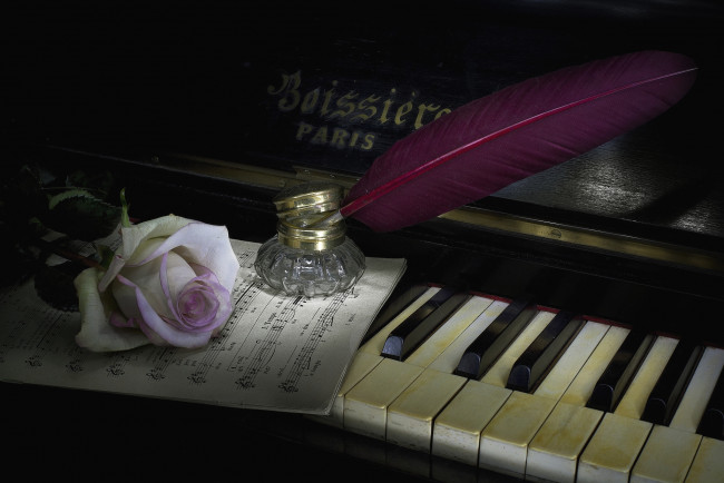 Обои картинки фото музыка, музыкальные инструменты, пианино, перо, роза