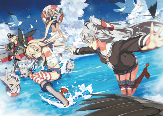 Картинка автор +kawai+ purplrpouni аниме kantai+collection kantai collection amatsukaze kancolle bismarck rensouhou-chan ro-500 shimakaze