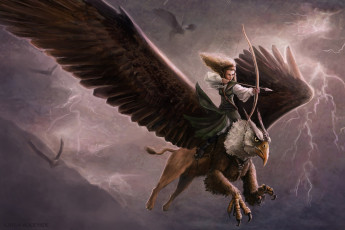 Картинка фэнтези красавицы+и+чудовища девушка грифон полет лук лучница всадница крылья небо
