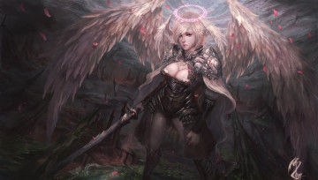 Картинка фэнтези ангелы меч ангел арт фантастика взгляд нимб крылья