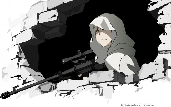 Обои картинки фото аниме, fullmetal alchemist, оружие, hawkeye, riza, lieutenant, здание, капюшон
